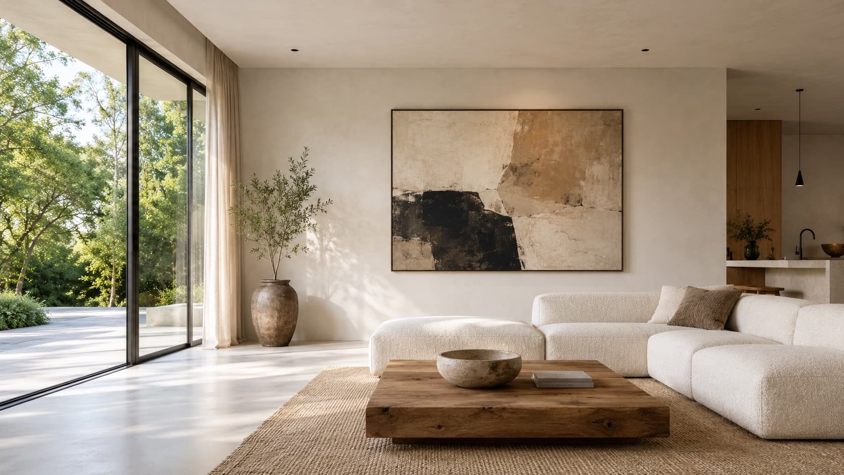 A calm, minimalist living room in warm neutral tones with a large abstract painting on the wall, opening onto greenery through a sliding glass wall
